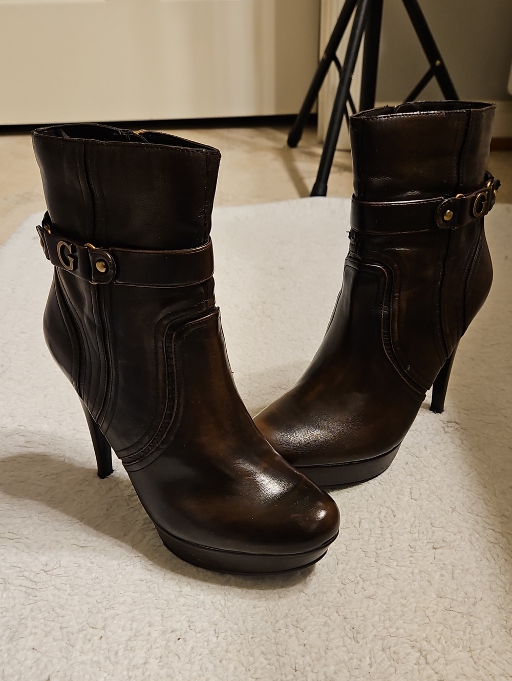 GUESS Dark Brown Leather Heeled Ankle Boots with Buckle